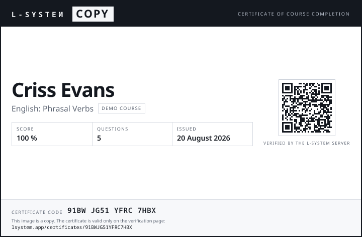 Certificate card: holder name, course, score and certificate code